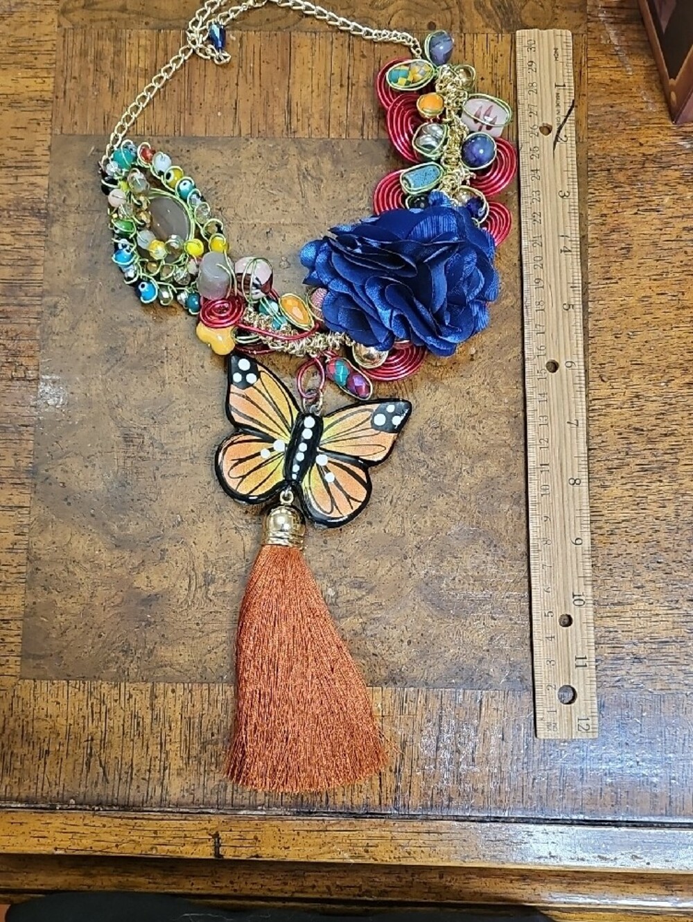 Statement Floral & Butterfly Pendant Necklace - Blue - Picture 12 of 12